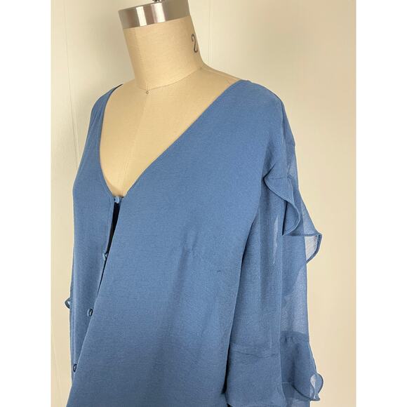 Vince Camuto Blue Ruffle Sheer Sleeve Chiffon V Neck Blouse 2X XXL Plus Size - Picture 7 of 16